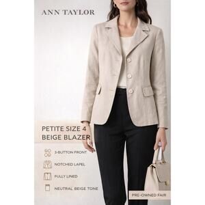 Ann Taylor Beige Blazer Petite 4 3 Button Lined Classic Workwear